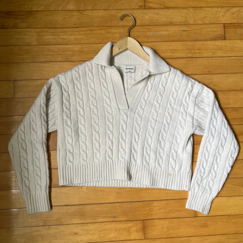 Sunday Best Aritzia Cream Cable Knit Polo Sweater V-Neck Cropped Small